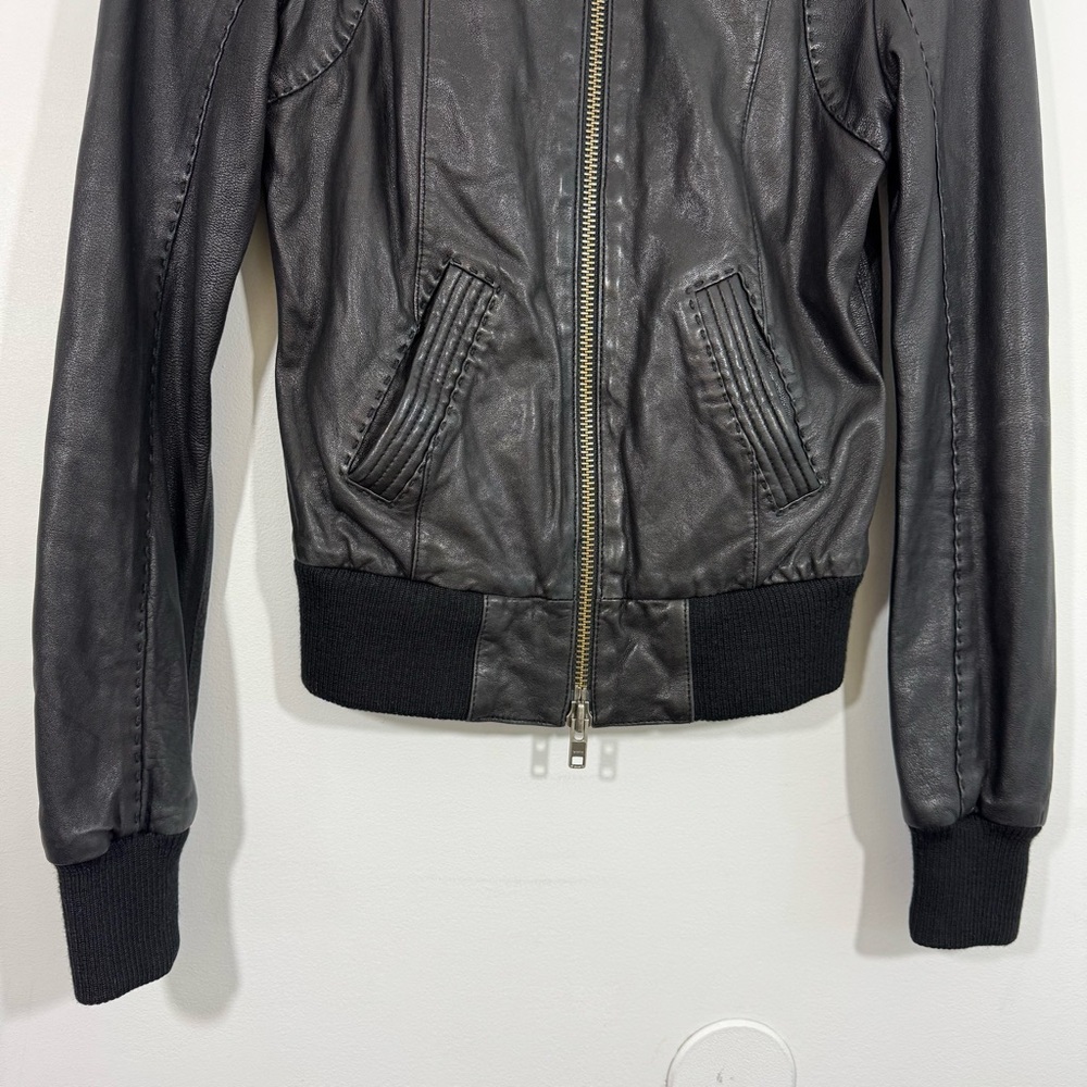 Mackage Dark Leather Jacket with Ribbed Details - Picture 4 of 16